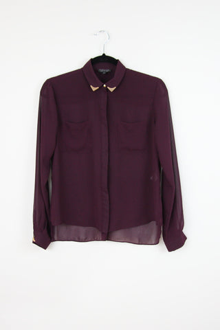 CHIFFON BUTTON UP WITH METAL COLLAR TABS