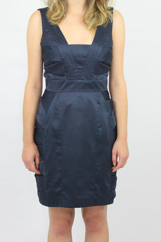 NAVY BODYCON SATIN DRESS WITH PLEATED SIDES