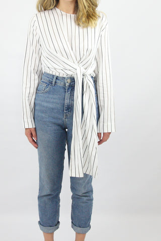 LONG SLEEVE STRIPE TUNIC WITH CROSSOVER TIE