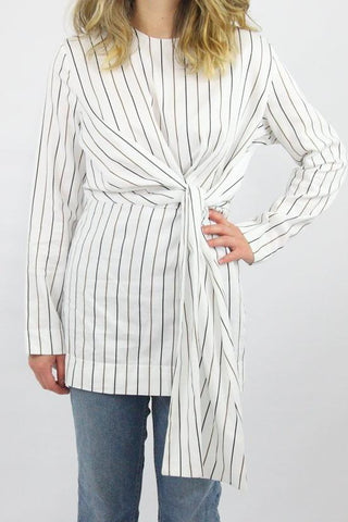 LONG SLEEVE STRIPE TUNIC WITH CROSSOVER TIE